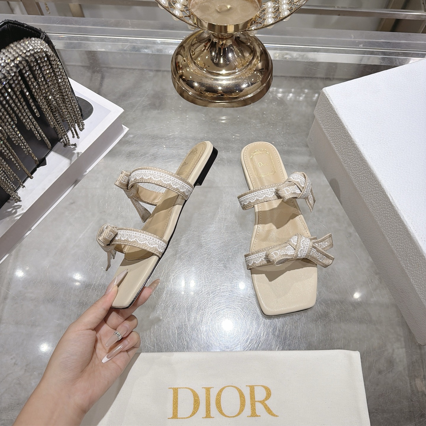 Dior Ivory Jacquard Bow Flat Slides - Image 8