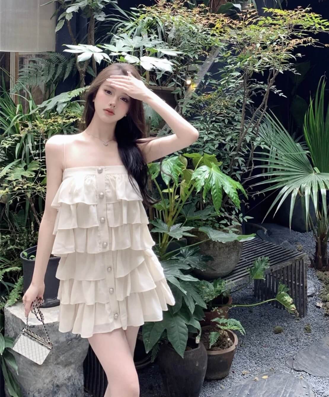 Balmain White Ruffled Two-Piece Top and Skirt Set with Gold Buttons
