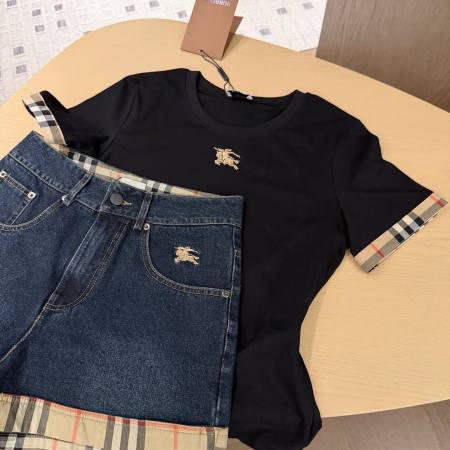 Burberry Embroidered Logo T-Shirt and Vintage Check-Trim Denim Shorts Two-Piece Set
