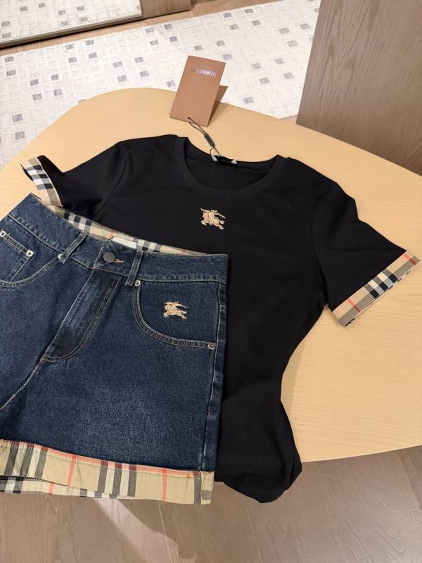 Burberry Embroidered Logo T-Shirt and Vintage Check-Trim Denim Shorts Two-Piece Set