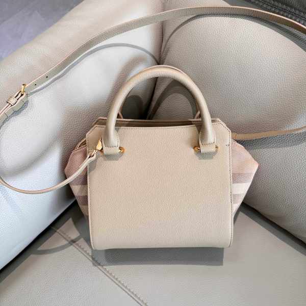 Burberry Mini Banner House Check Leather and Canvas Top Handle Bag in Beige.