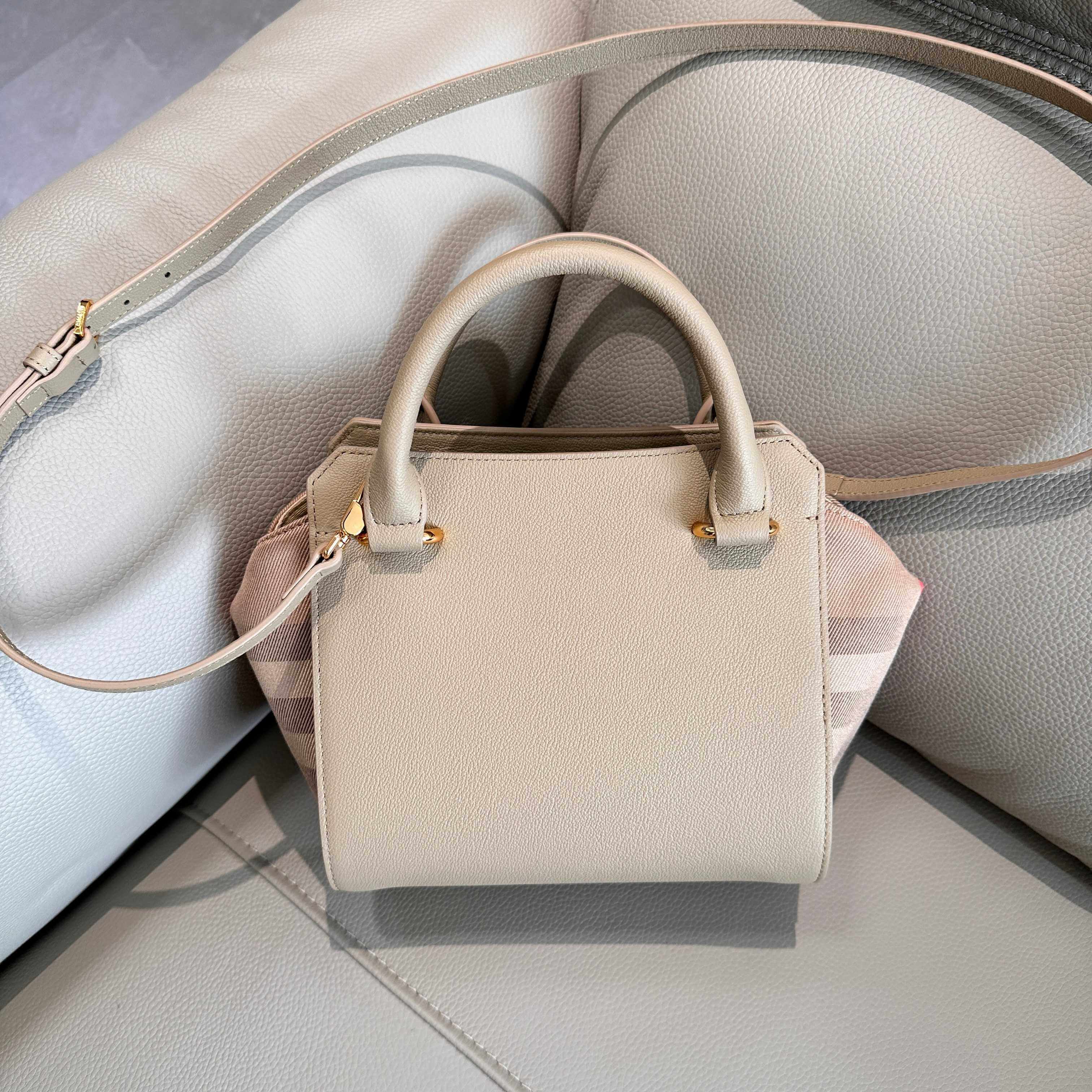 Burberry Mini Banner House Check Leather and Canvas Top Handle Bag in Beige.