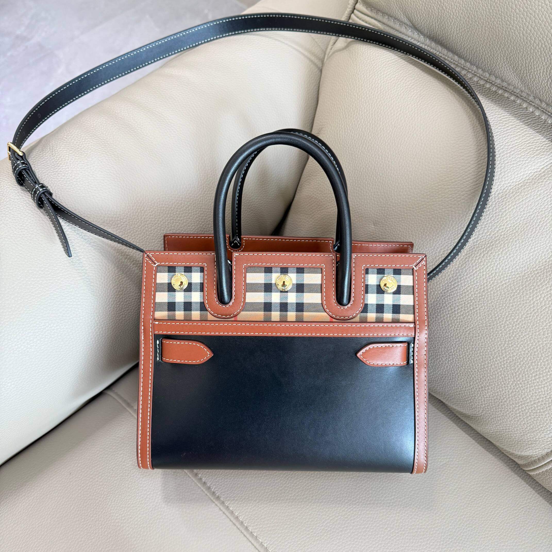 Burberry Mini Frances Vintage Check and Leather Tote Bag in Black and Tan