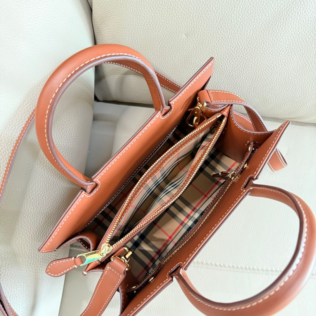 Burberry Mini Frances Vintage Check and Leather Tote Bag in Tan - Image 4