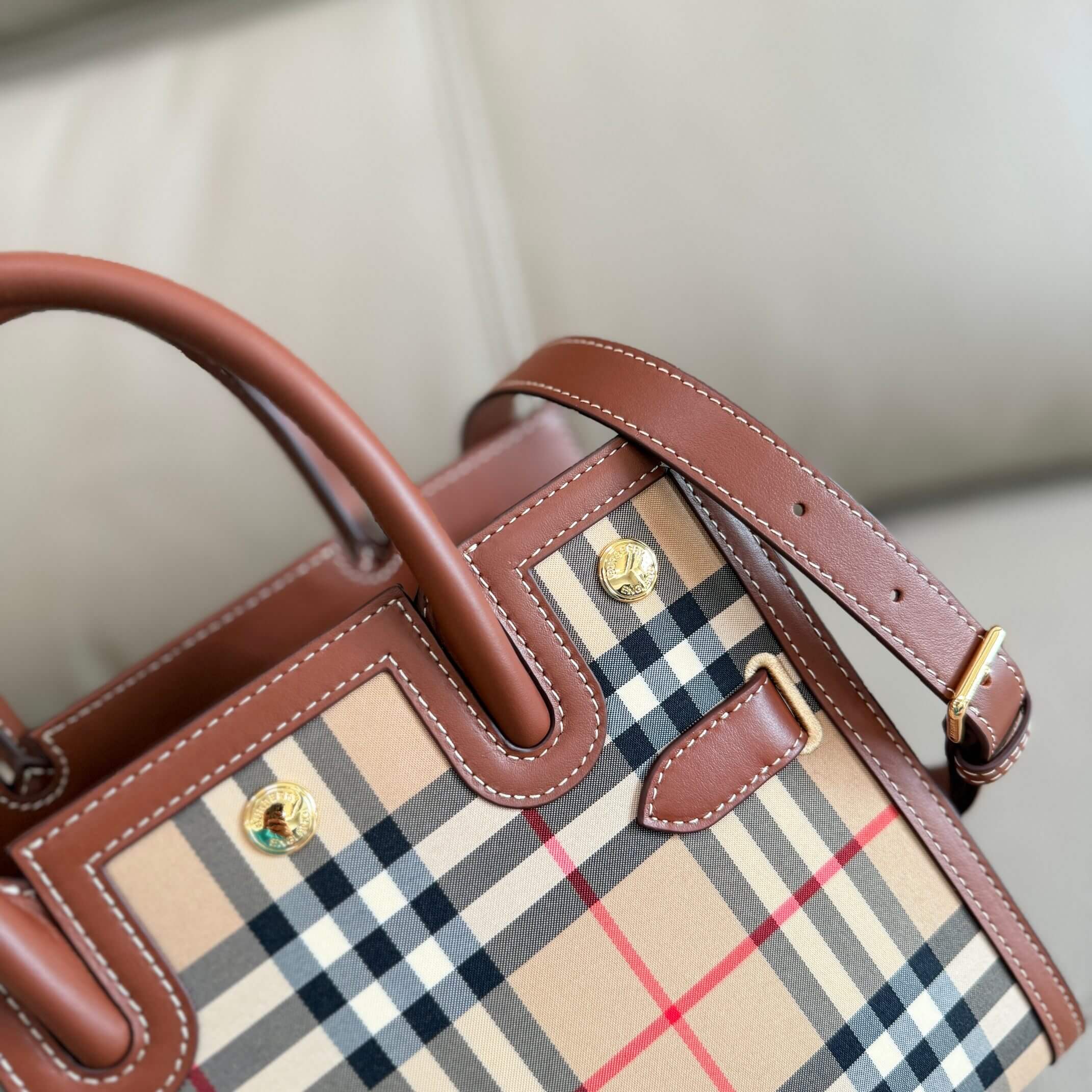 Burberry Mini Frances Vintage Check and Leather Tote Bag in Tan - Image 7