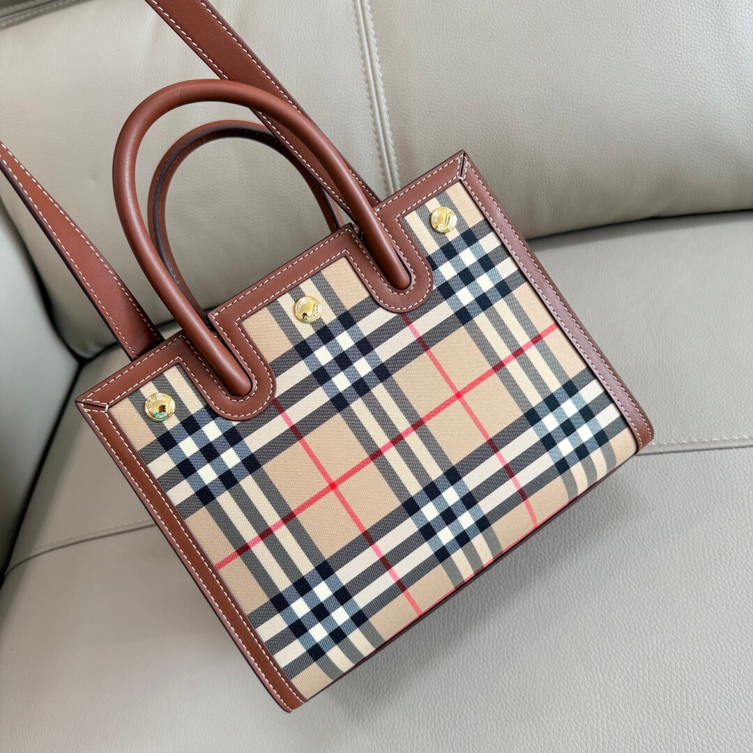 Burberry Mini Frances Vintage Check and Leather Tote Bag in Tan - Image 9