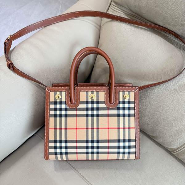 Burberry Mini Frances Vintage Check and Leather Tote Bag in Tan