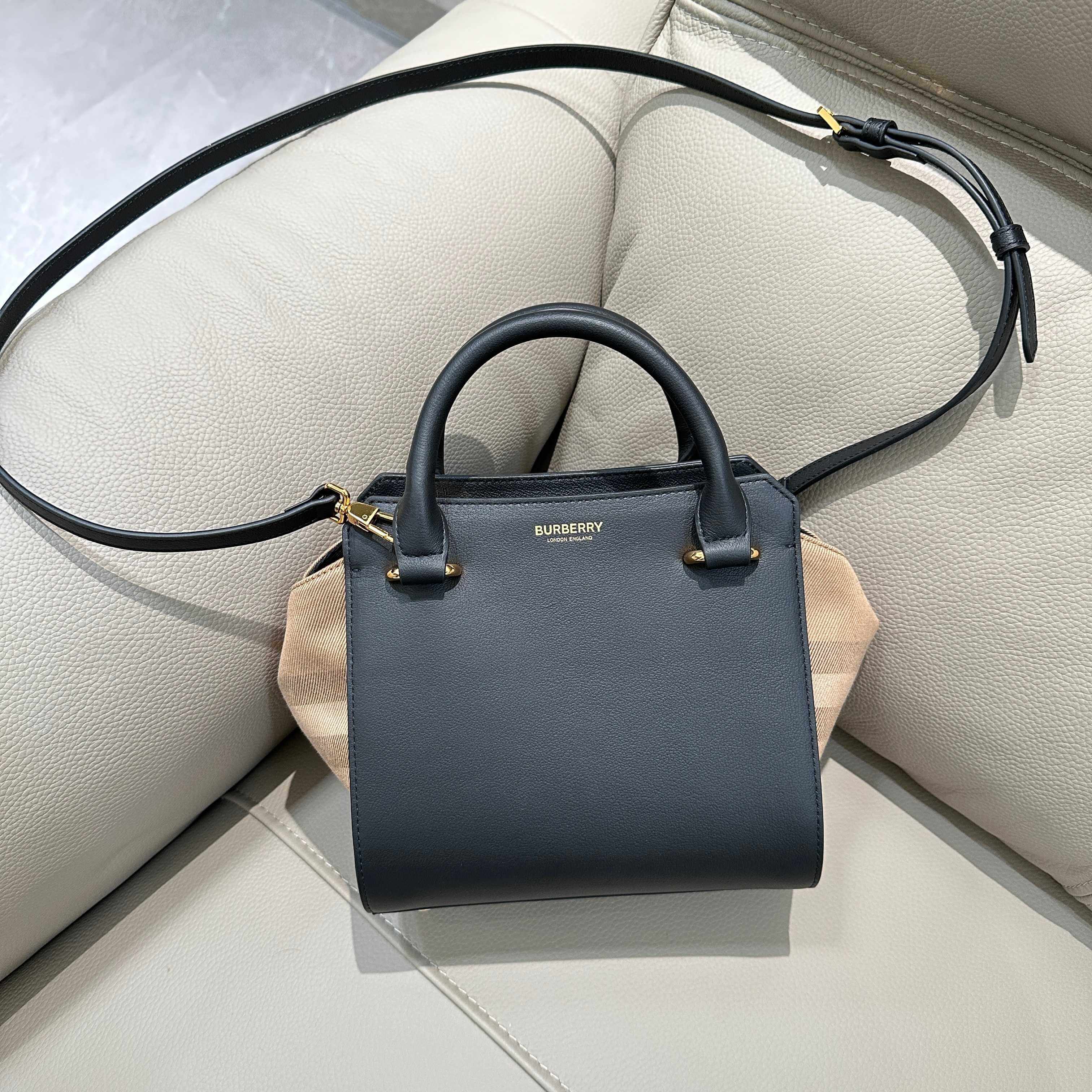Burberry Small Banner Vintage Check and Leather Tote Bag in Black.