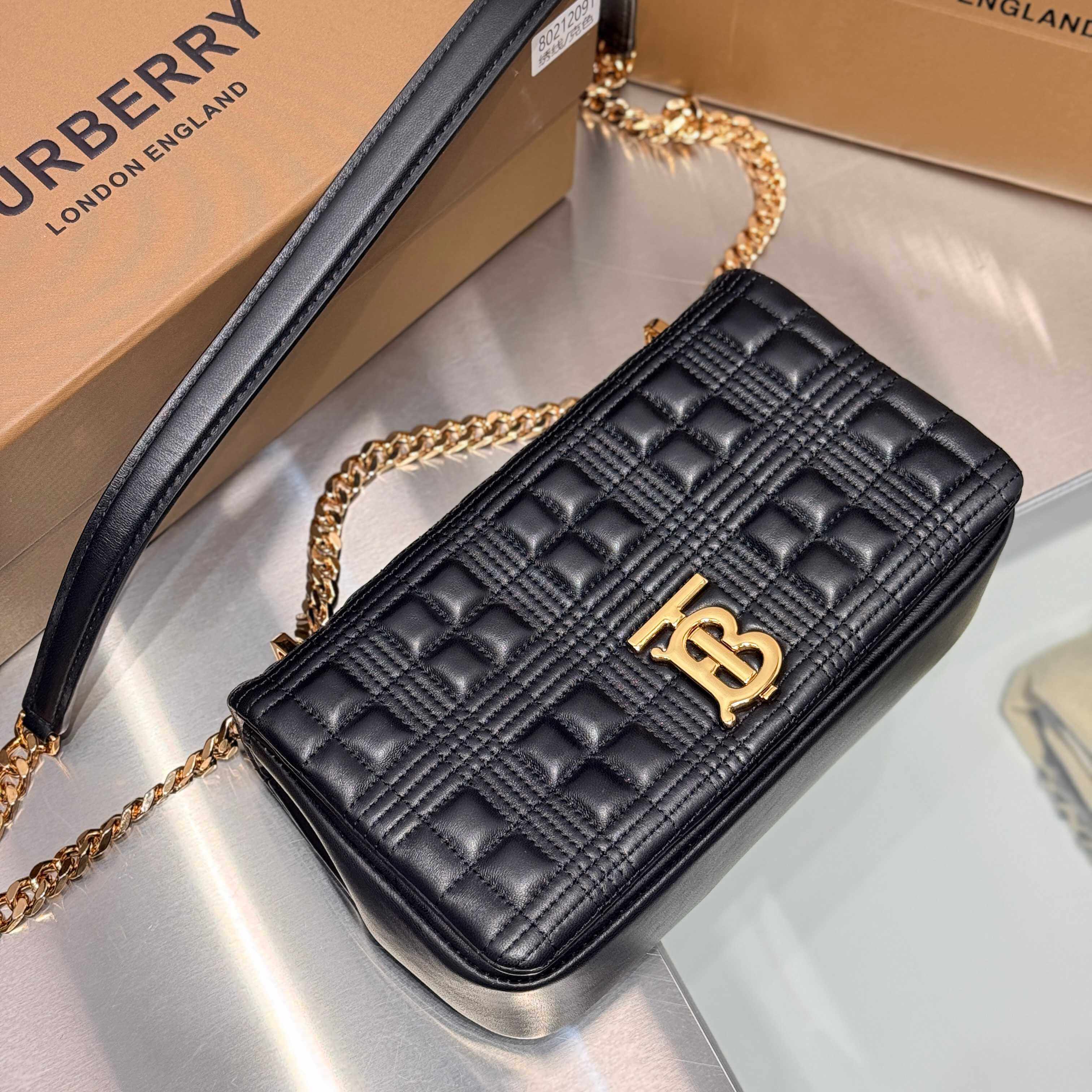 Burberry Small Lola Quilted Lambskin Shoulder Bag in Black