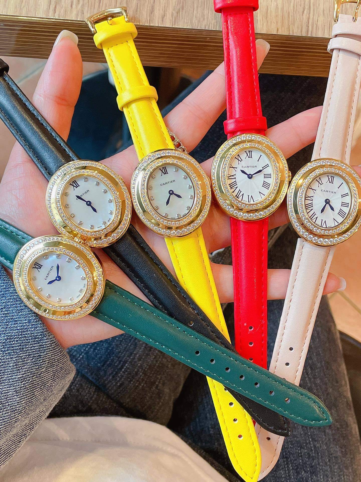 Cartier Hypnose Ladies Watch in Yellow Gold with Diamond Bezel and Colored Leather Straps