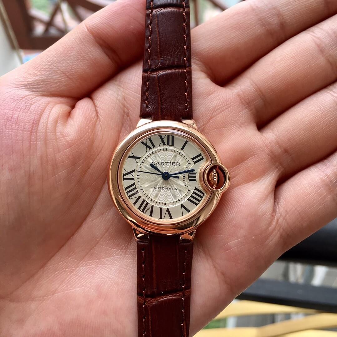 Cartier Ballon Bleu Ladies Mechanical Watch in Rose Gold with Brown Leather Strap