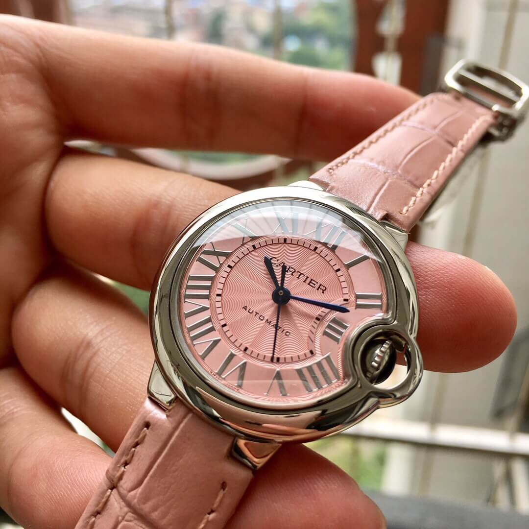 Cartier Ballon Bleu Ladies Mechanical Watch in Stainless Steel with Pink Dial and Pink Leather Strap