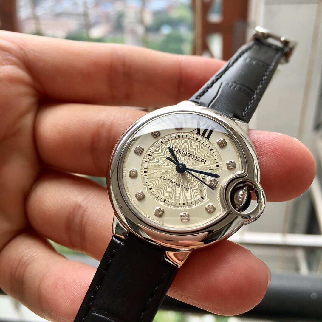 Cartier Ballon Bleu Ladies Mechanical Watch in Stainless Steel with Diamond Dial and Black Leather Strap