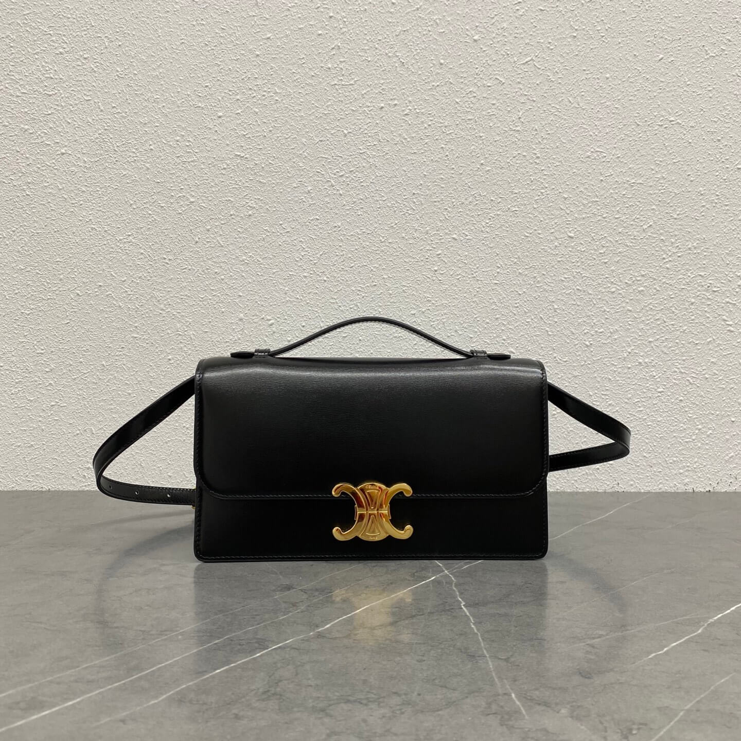 Celine Black Shiny Calfskin Triomphe Top Handle Bag.