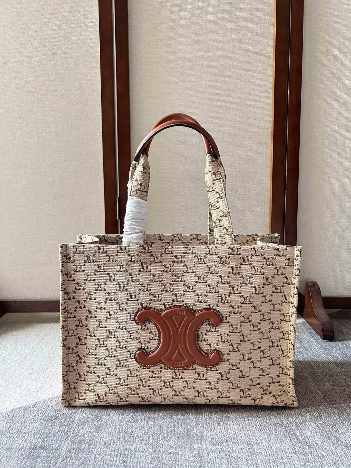 Celine Cabas Thais Triomphe Canvas and Calfskin Tote Bag