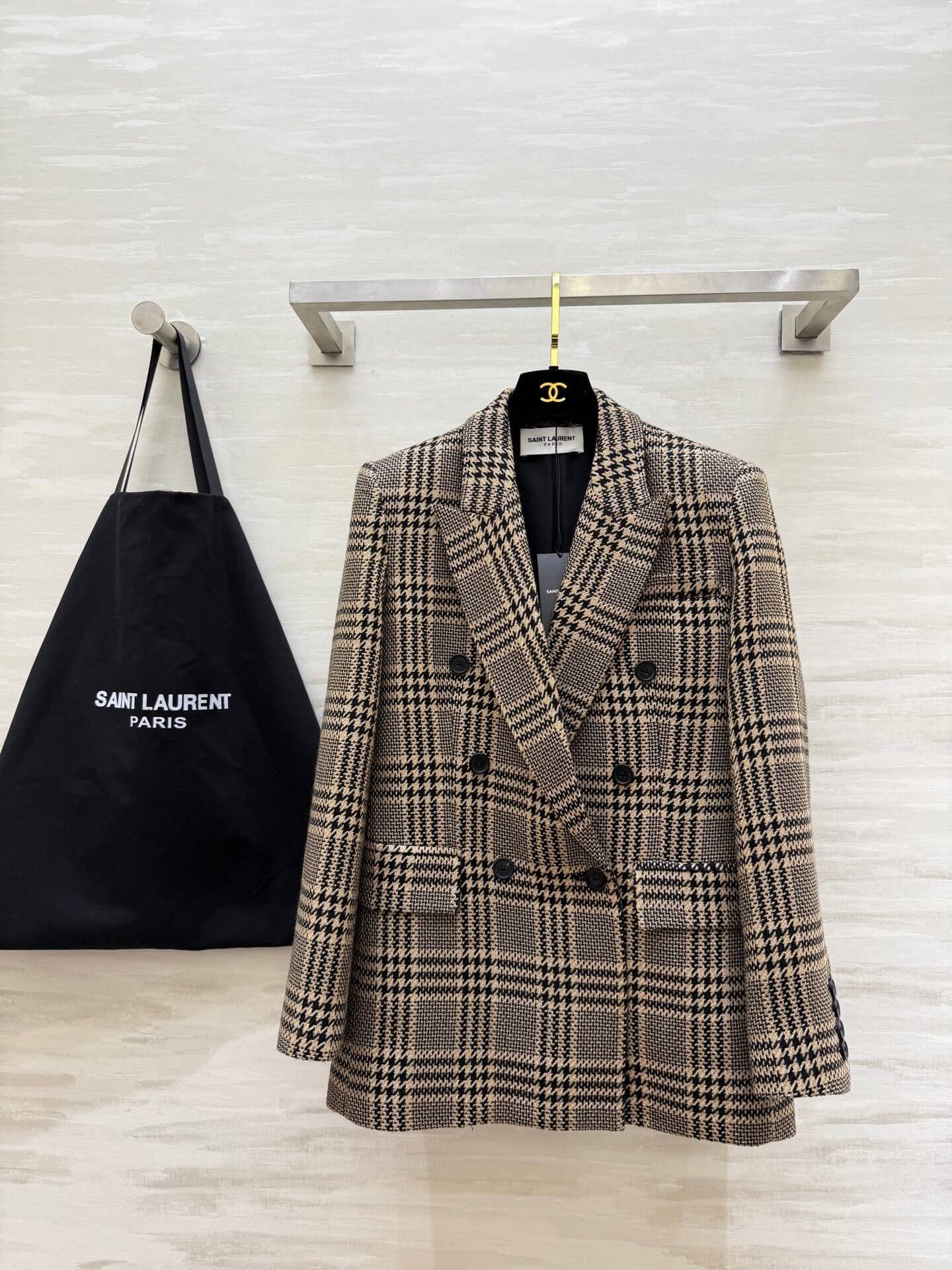 Saint Laurent Houndstooth Glen Plaid Double-Breasted Blazer Jacket