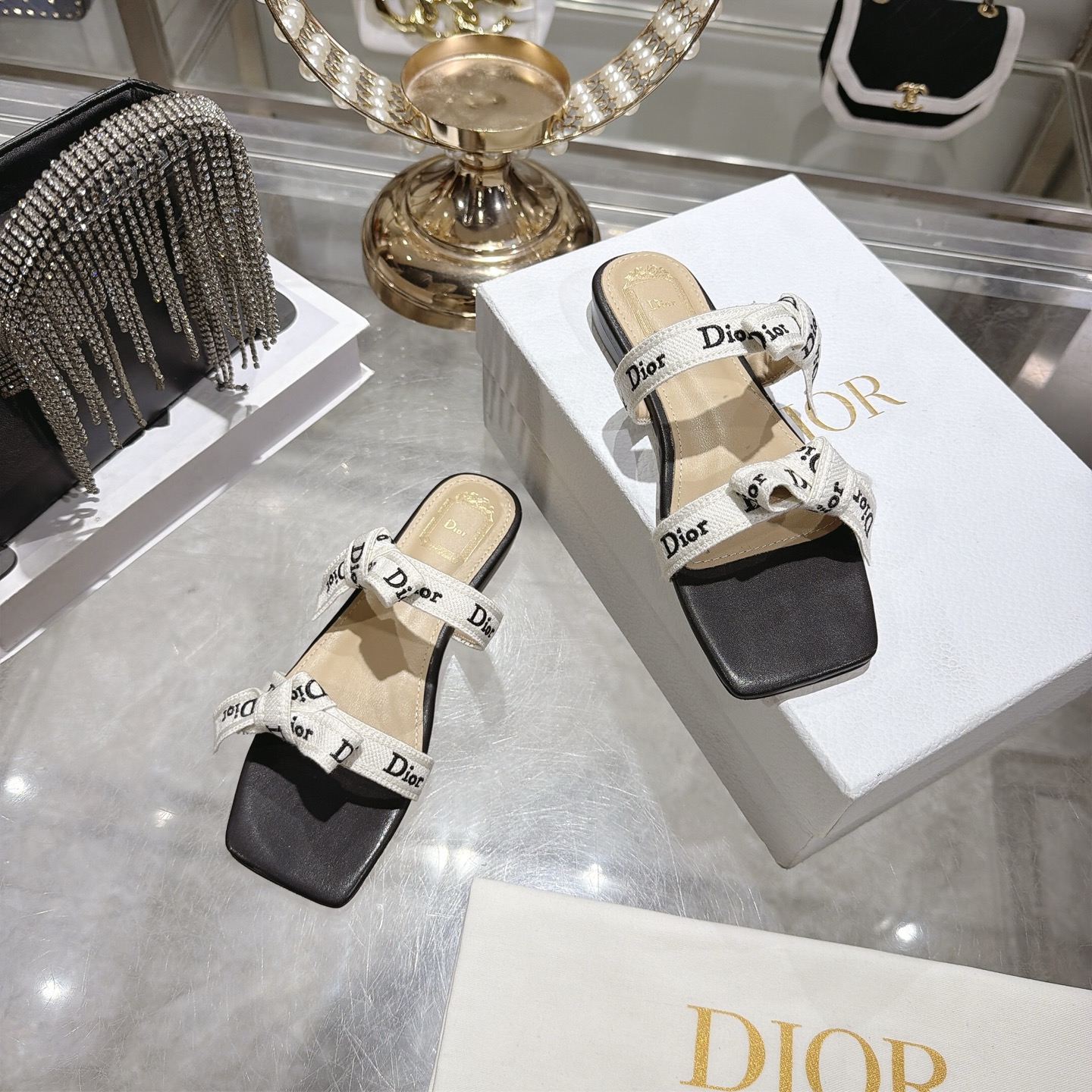 Dior Black and Ivory Logo Ribbon Bow Flat Slides