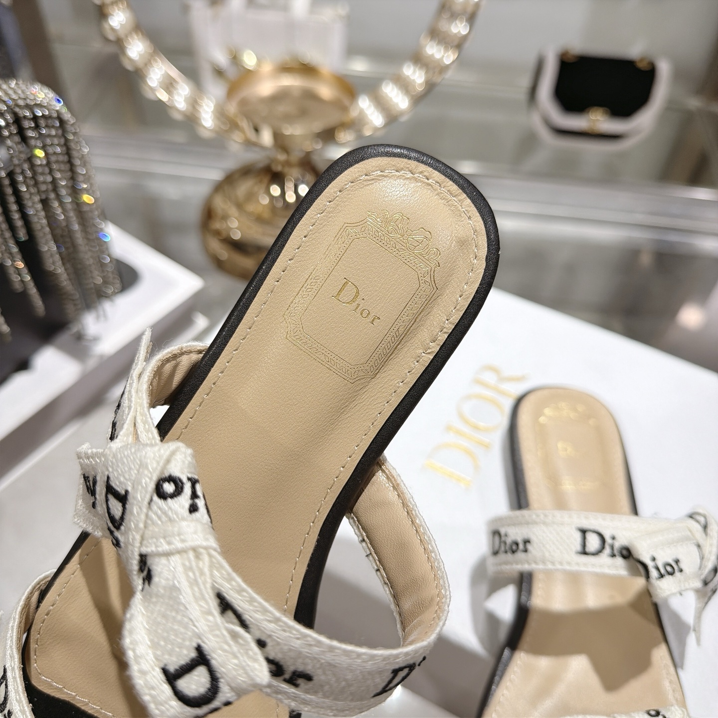 Dior Black and Ivory Logo Ribbon Bow Flat Slides - Image 8