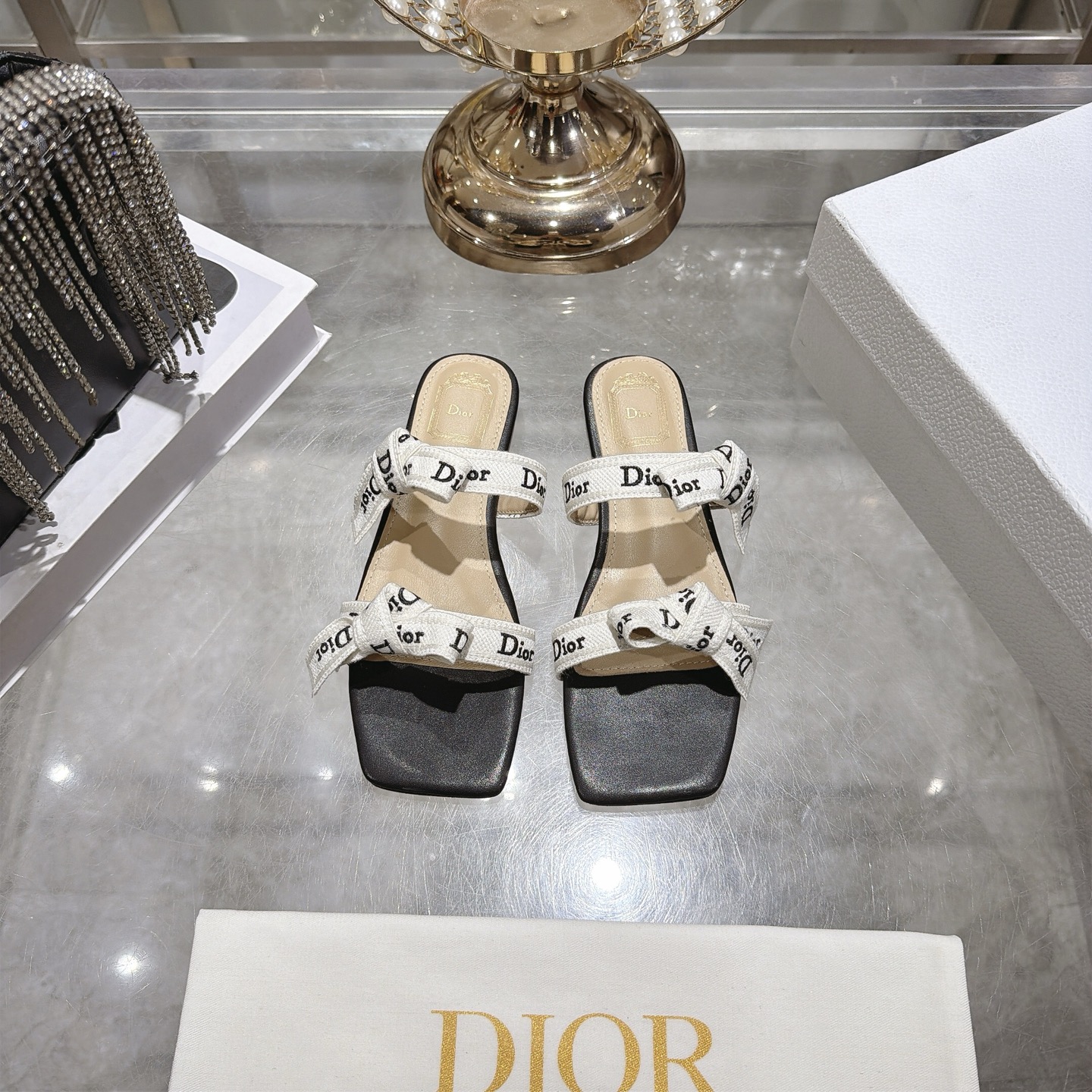 Dior Black and Ivory Logo Ribbon Bow Flat Slides - Image 2