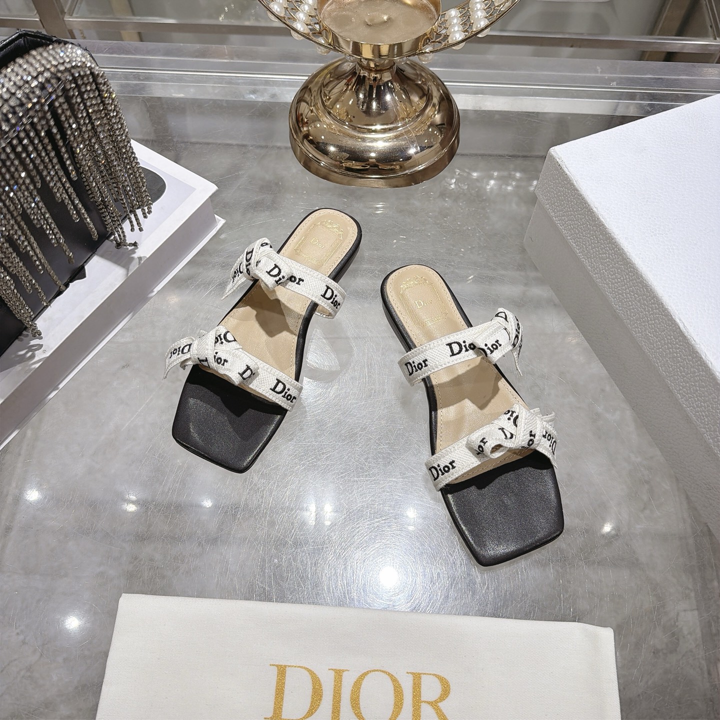 Dior Black and Ivory Logo Ribbon Bow Flat Slides - Image 3