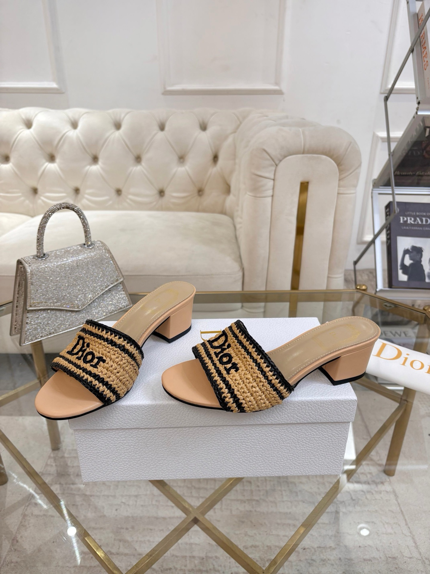Dior Dioriviera Beige Woven Heeled Slides