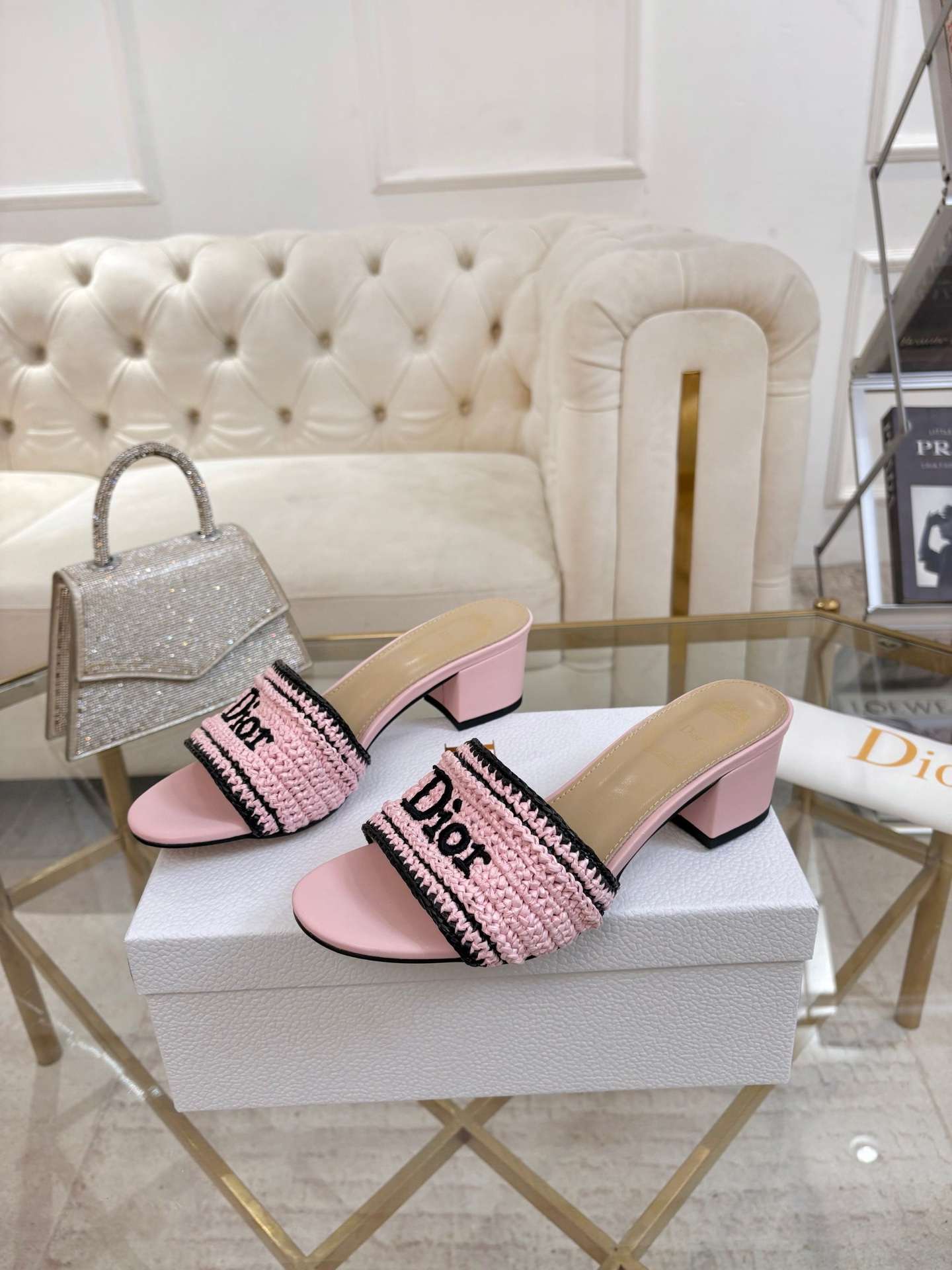 Dior Dioriviera Pink Woven Heeled Slides - Image 6