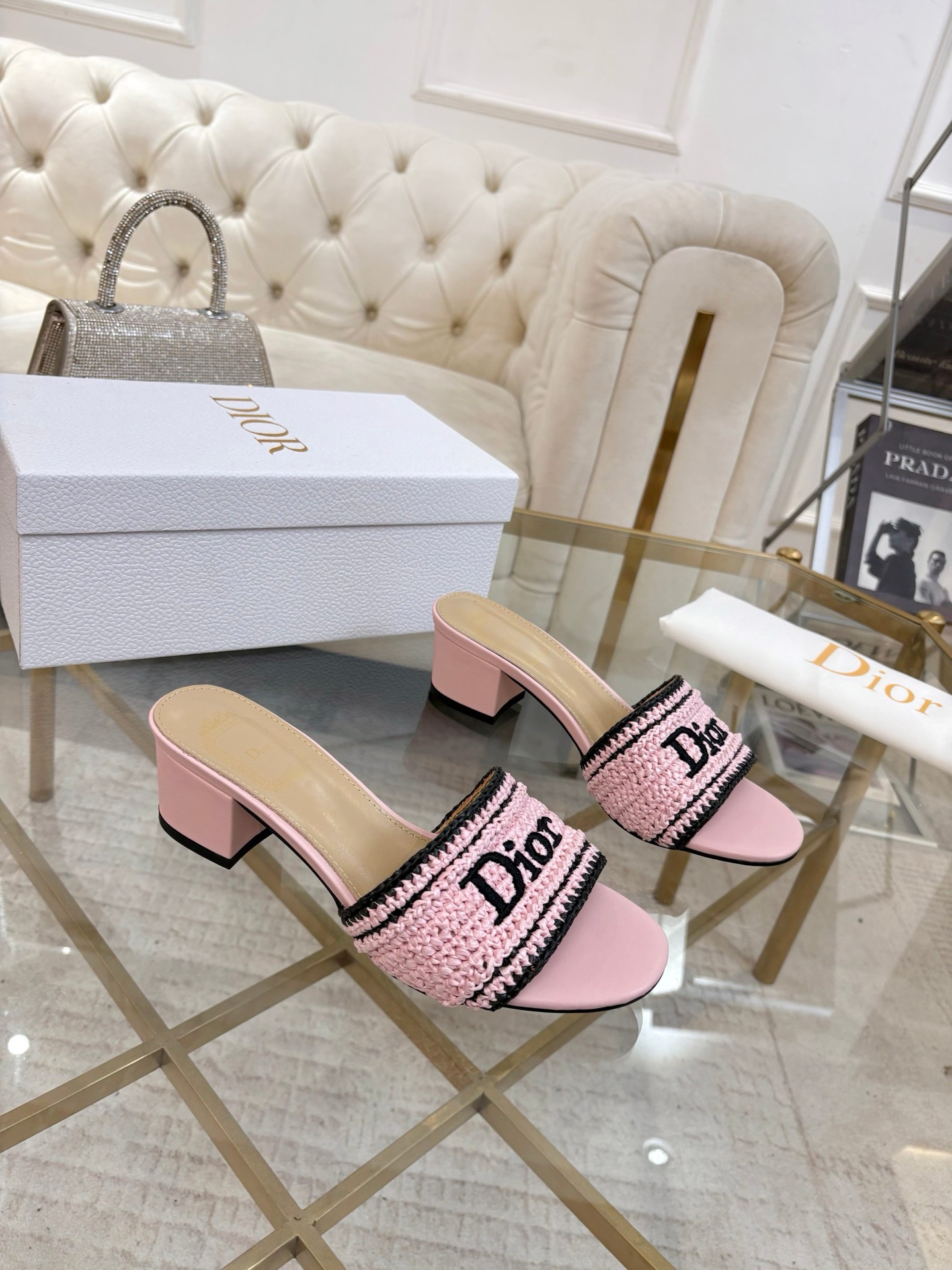 Dior Dioriviera Pink Woven Heeled Slides - Image 2