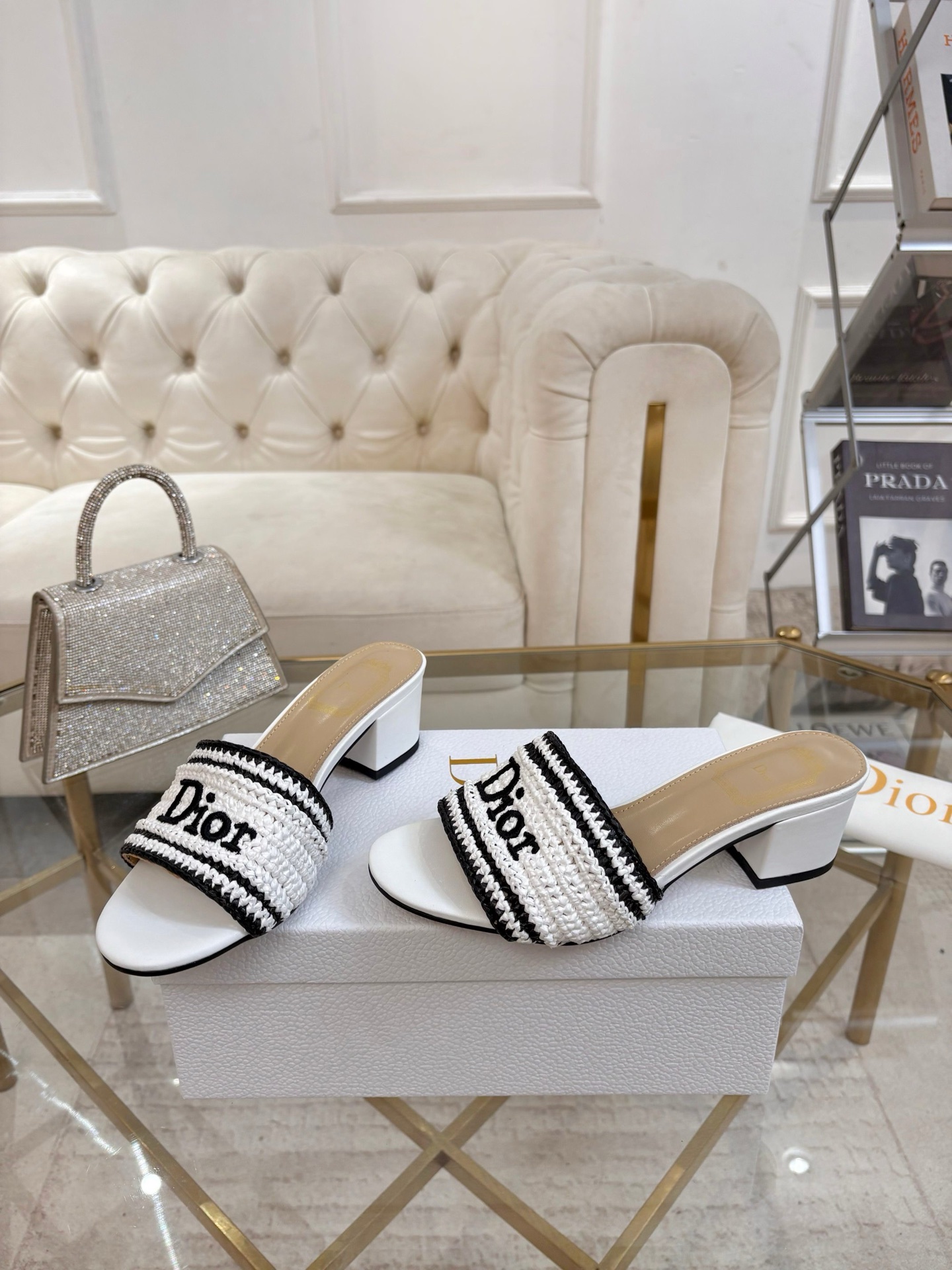 Dior Dioriviera White Woven Heeled Slides