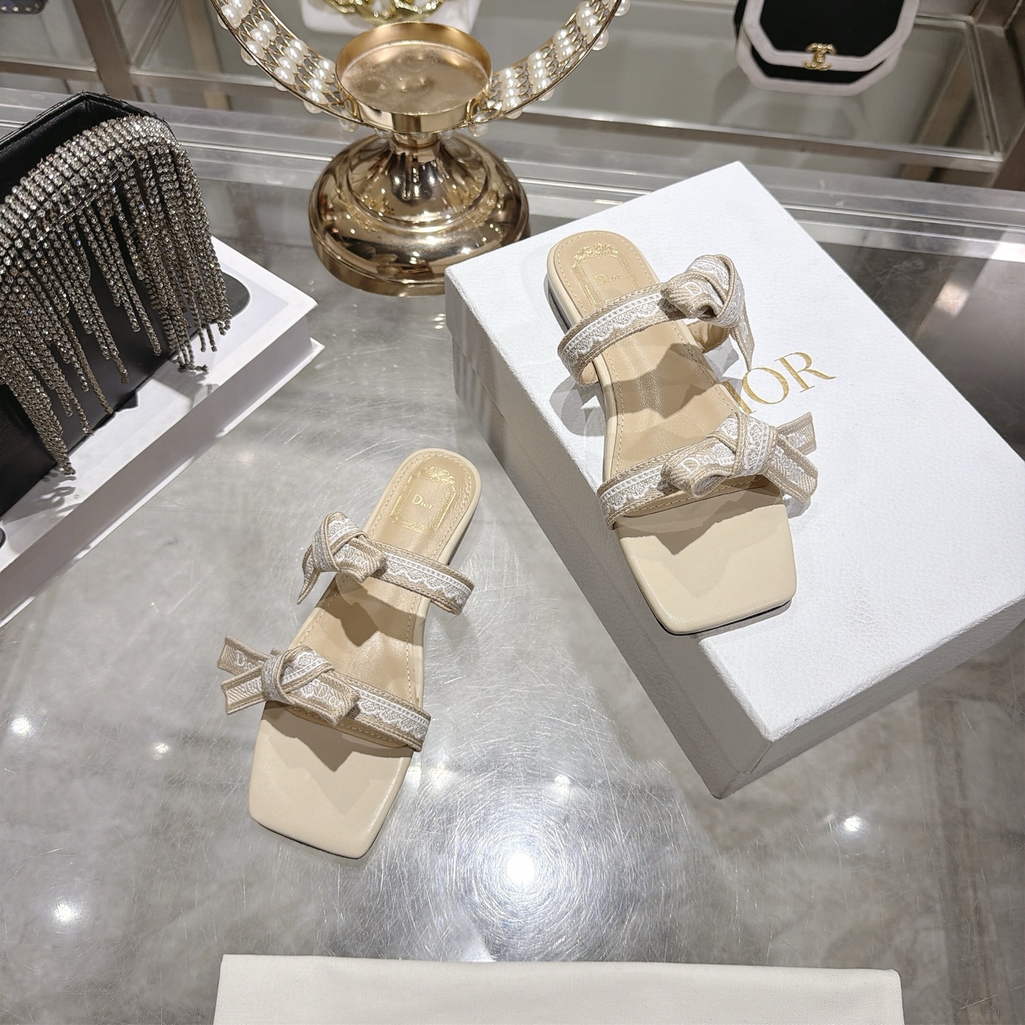 Dior Ivory Jacquard Bow Flat Slides - Image 3