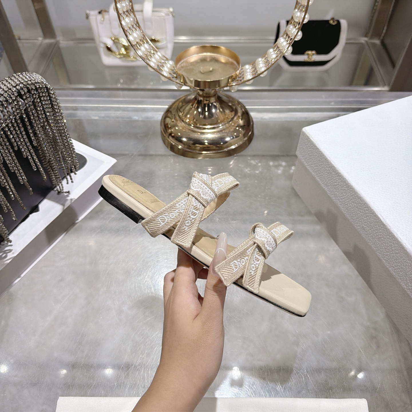 Dior Ivory Jacquard Bow Flat Slides - Image 5