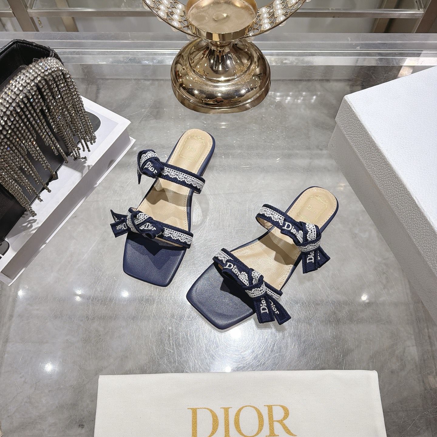 Dior Navy Jacquard Bow Flat Slides