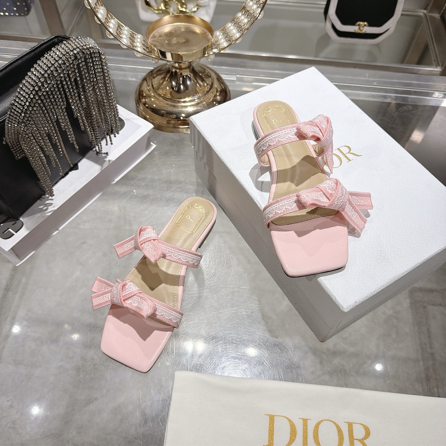 Dior Pink Jacquard Bow Flat Slides