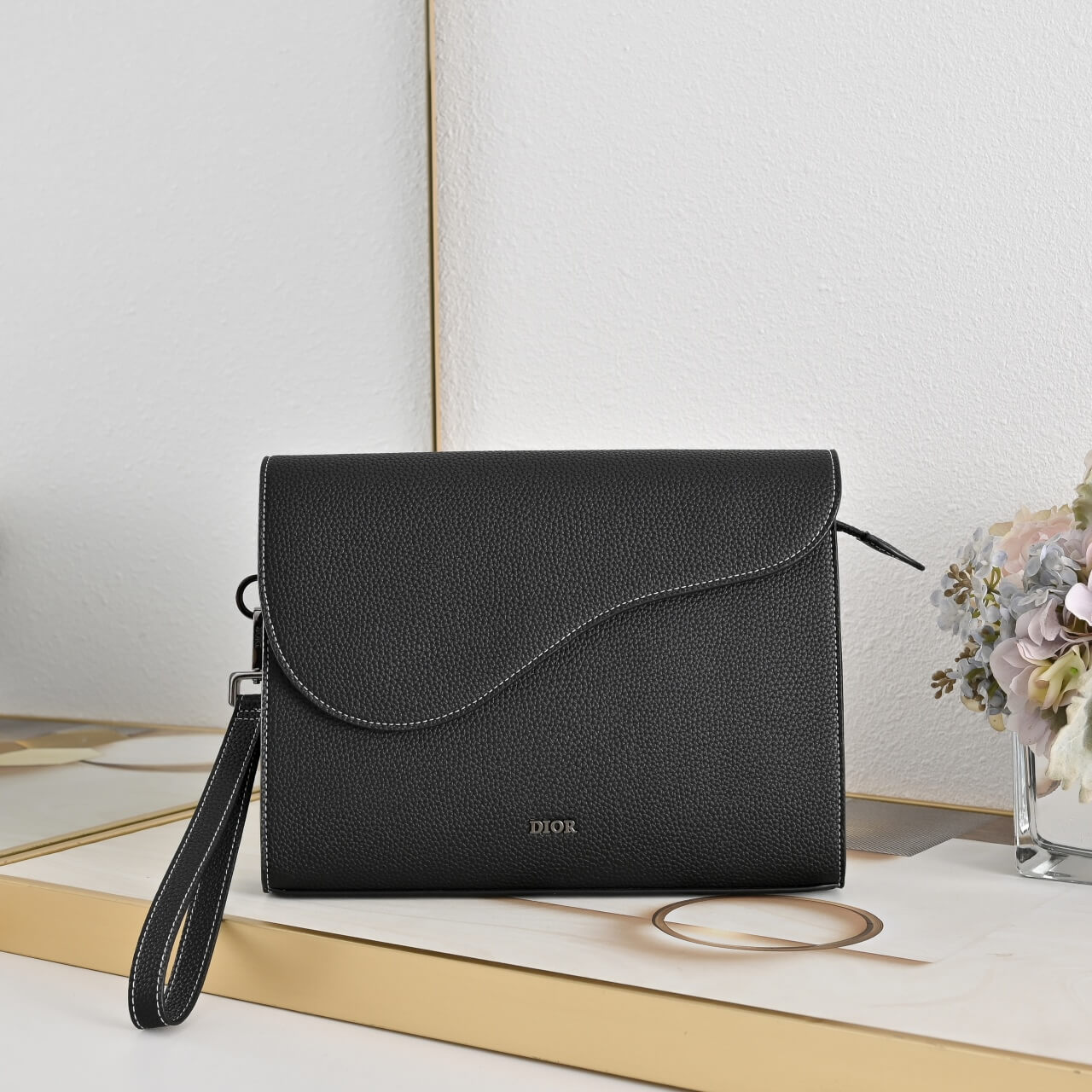 Dior Saddle A5 Triangle Pouch in Black Grained Calfskin