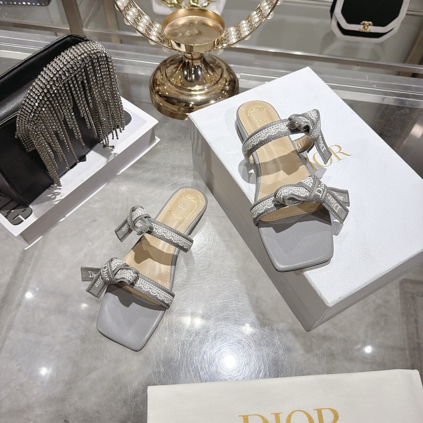 Dior Silver Jacquard Bow Flat Slides - Image 3