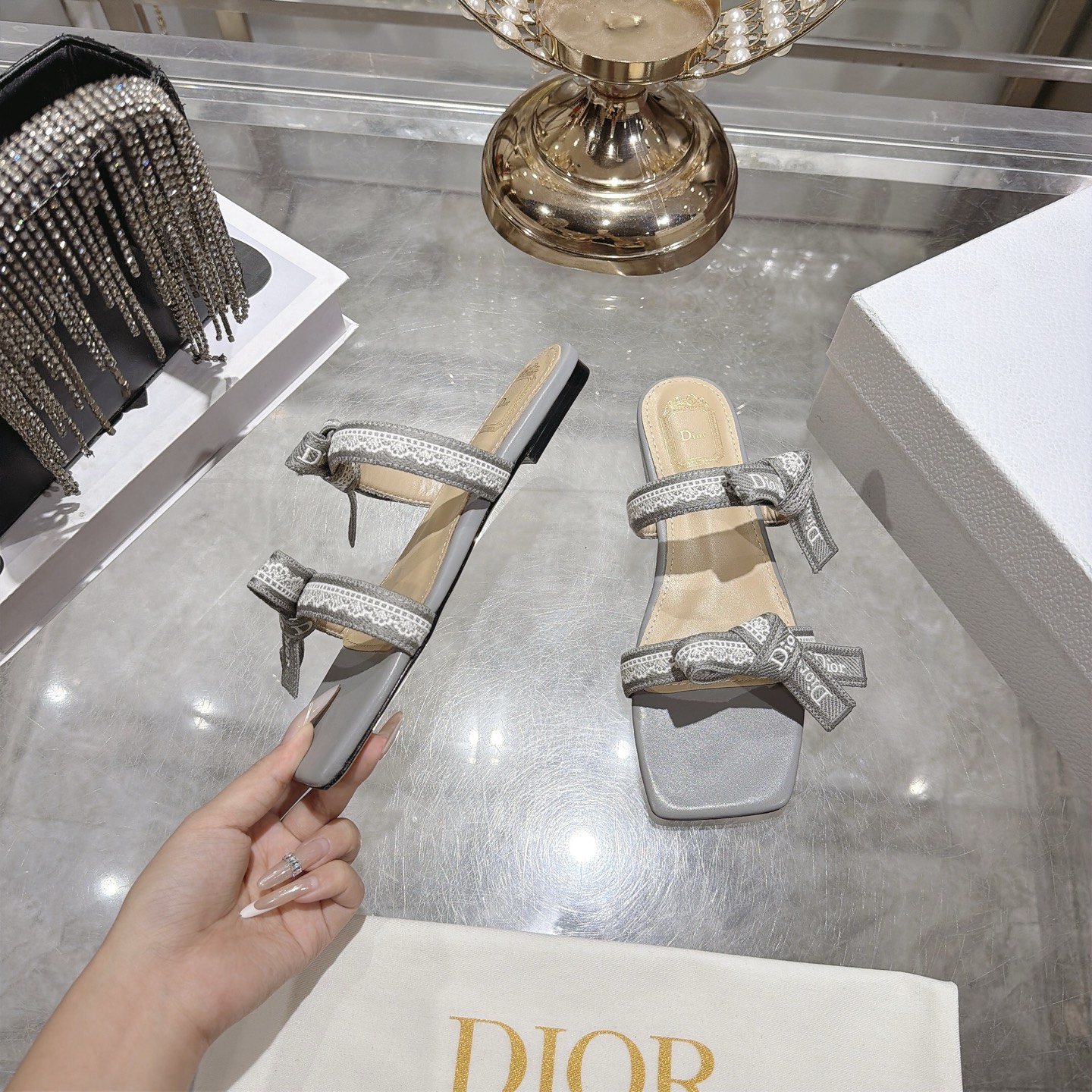 Dior Silver Jacquard Bow Flat Slides - Image 7