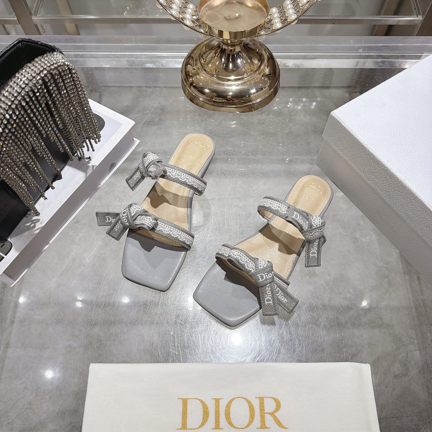 Dior Silver Jacquard Bow Flat Slides - Image 6