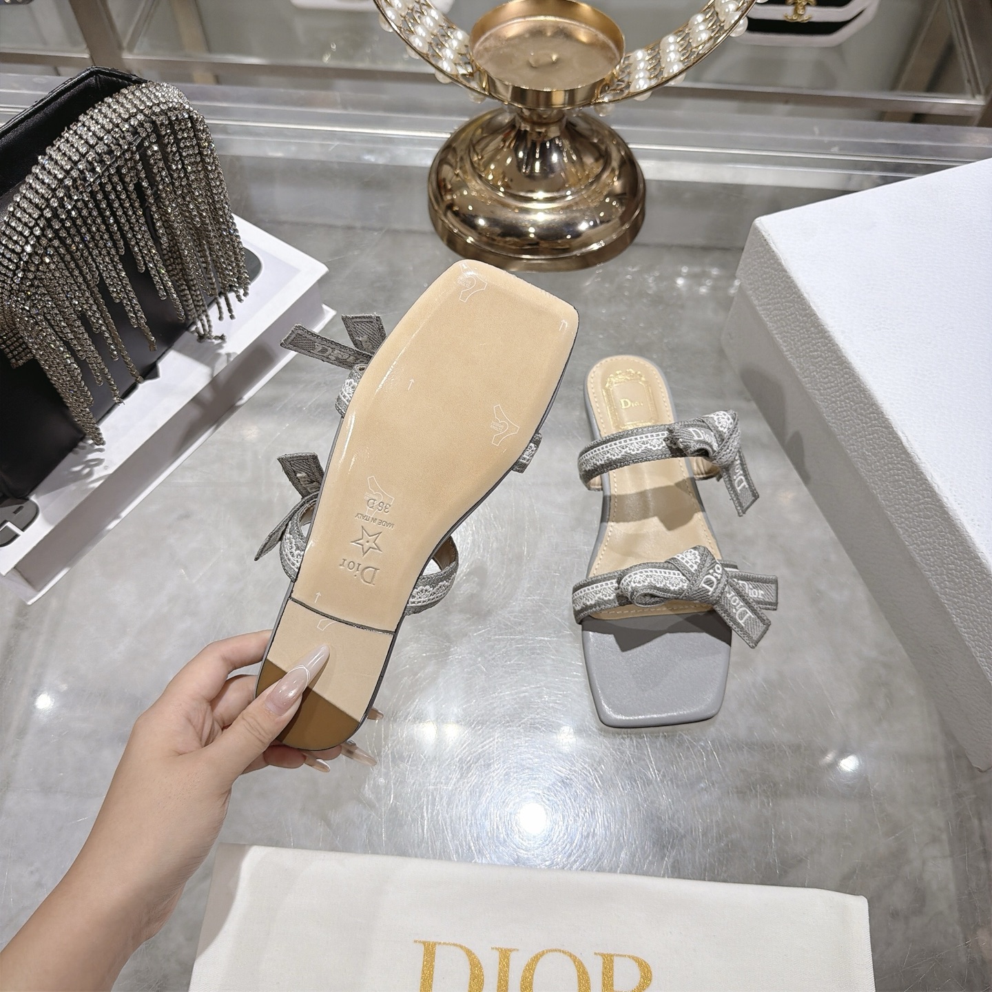 Dior Silver Jacquard Bow Flat Slides - Image 9