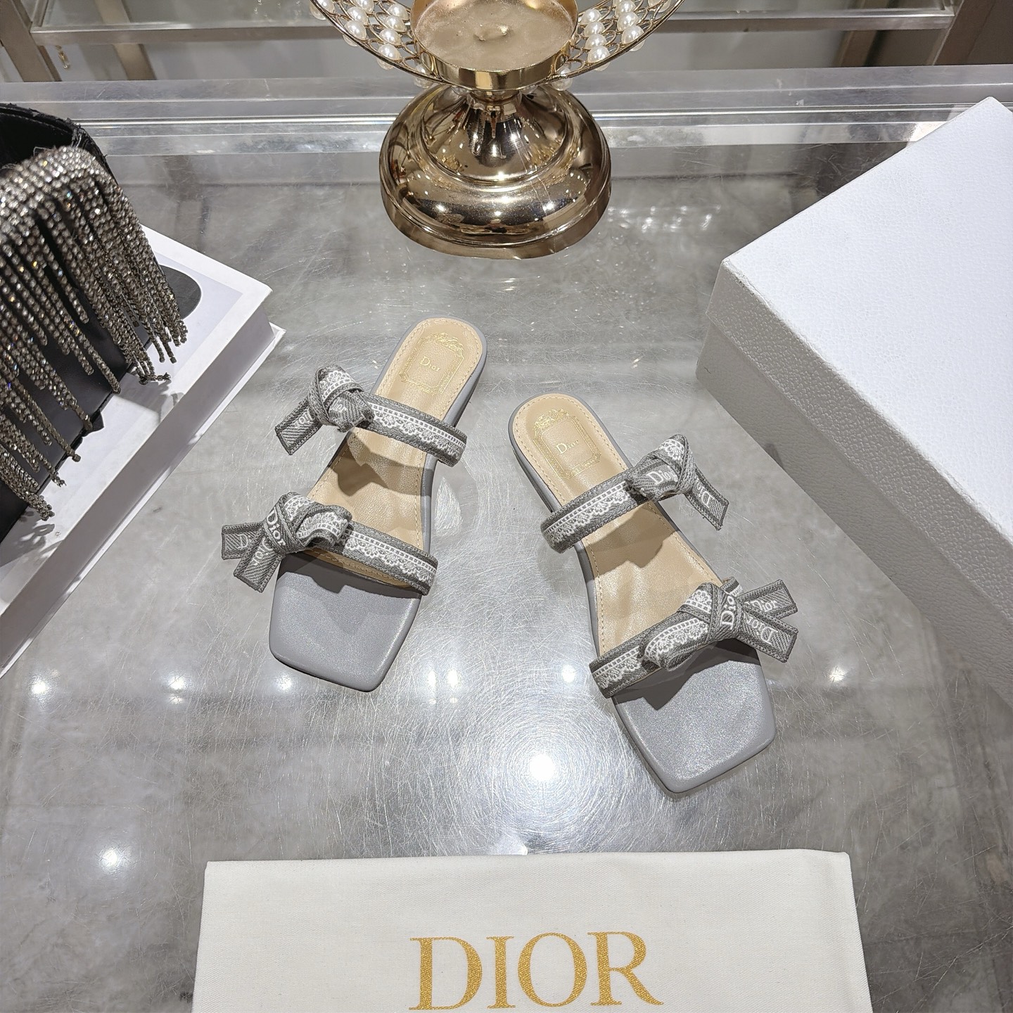 Dior Silver Jacquard Bow Flat Slides