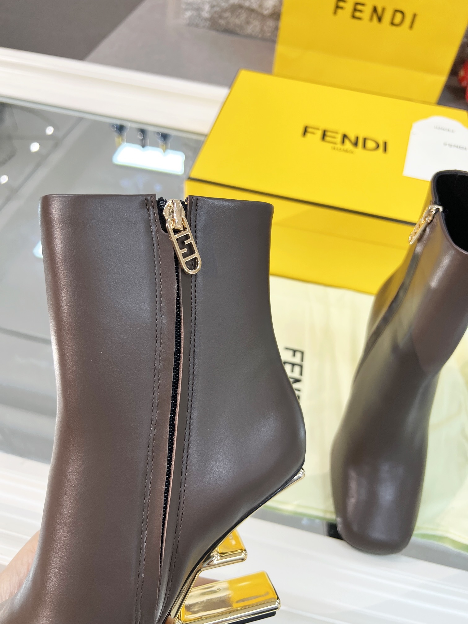 Fendi Brown Leather Ankle Boots with Gold FF Heel - Image 3
