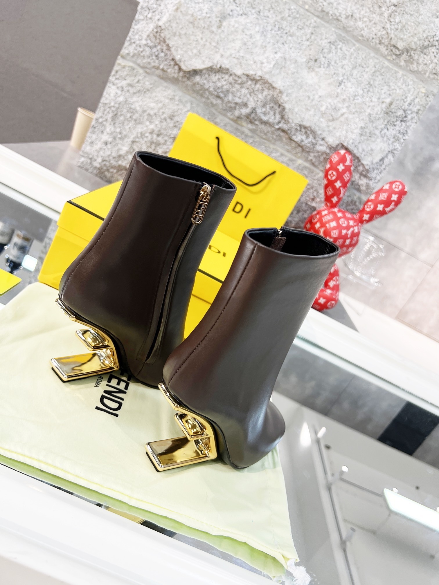 Fendi Brown Leather Ankle Boots with Gold FF Heel - Image 4