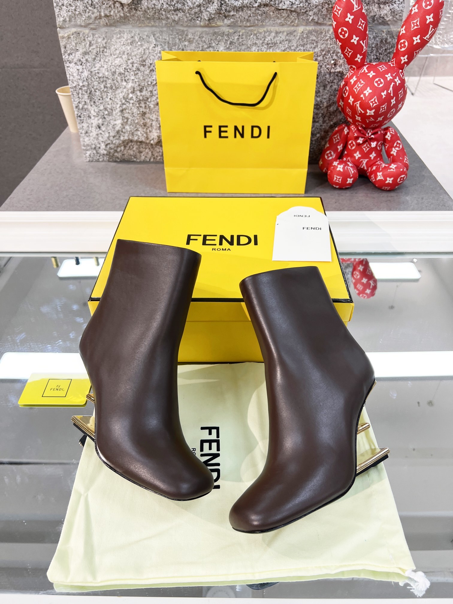 Fendi Brown Leather Ankle Boots with Gold FF Heel - Image 6