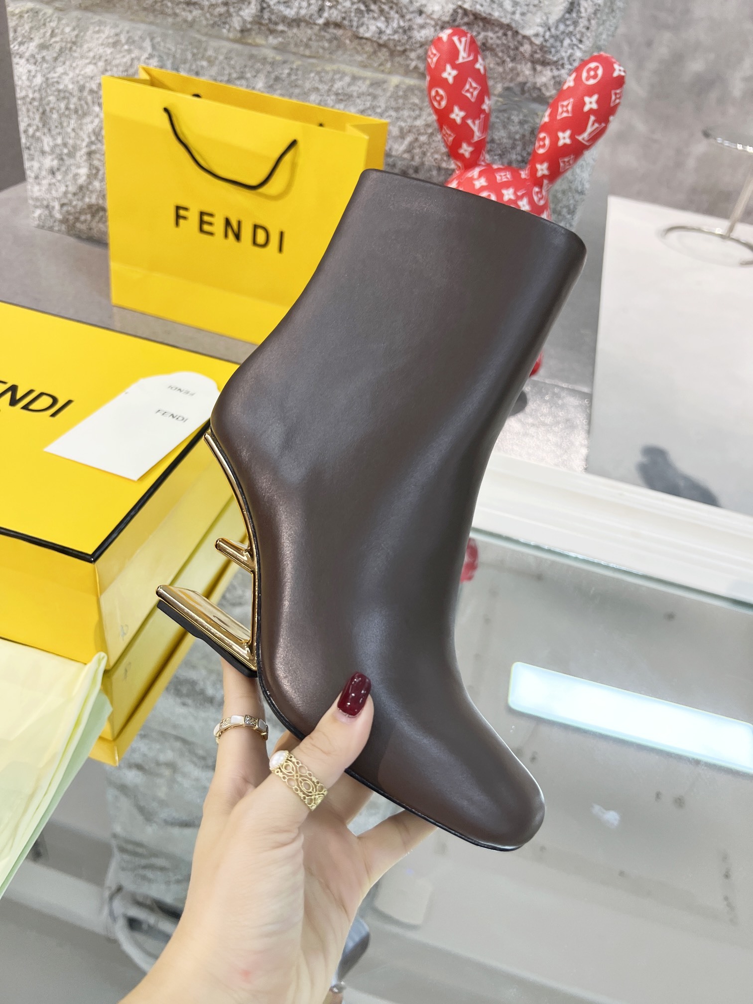 Fendi Brown Leather Ankle Boots with Gold FF Heel - Image 8