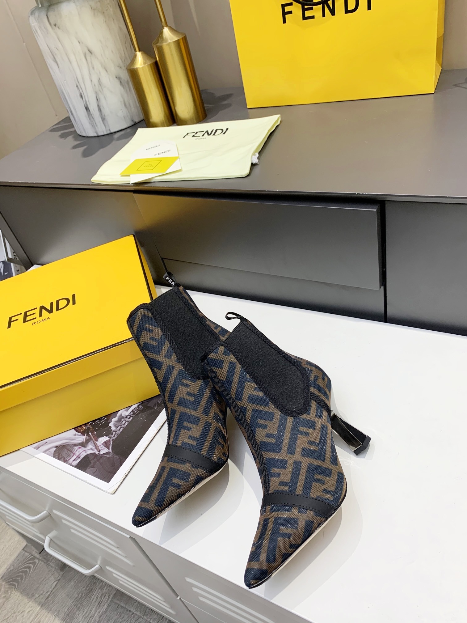 Fendi FF Monogram Pointed Heel Ankle Boots