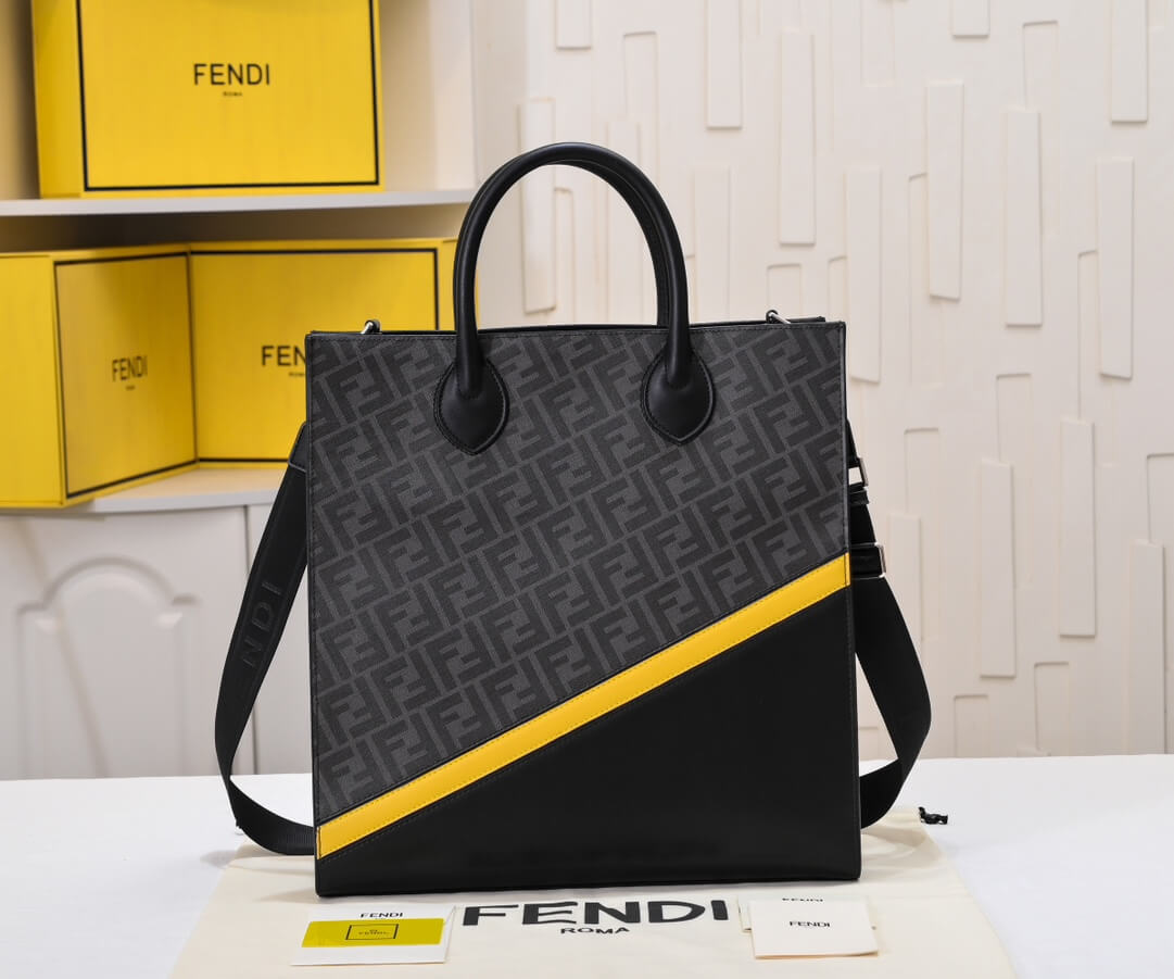 Fendi Zucca FF Tote Bag with Yellow Diagonal Stripe