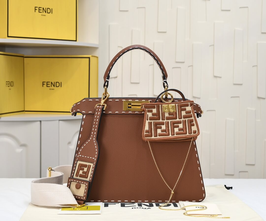 Fendi Peekaboo ISeeU Medium Brown Grained Leather Bag with Selleria Stitching.