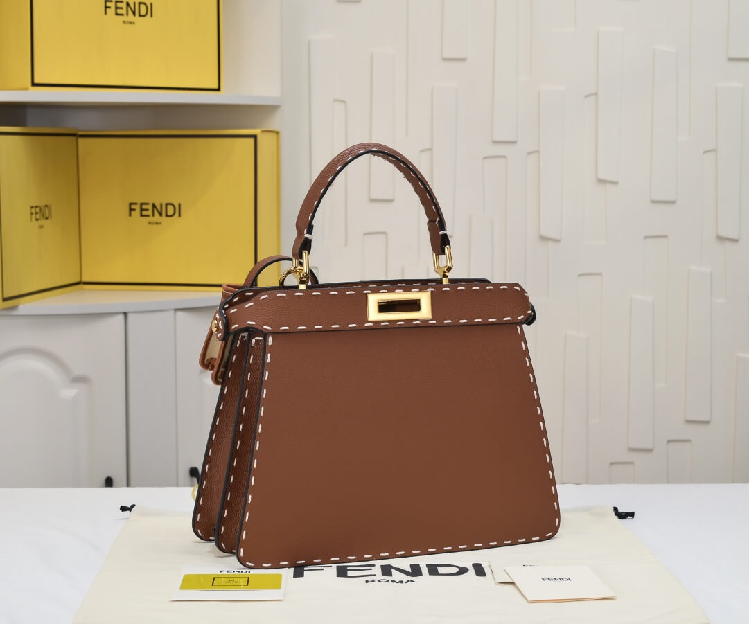 Fendi Peekaboo ISeeU Medium Brown Grained Leather Bag with Selleria Stitching. - Image 9