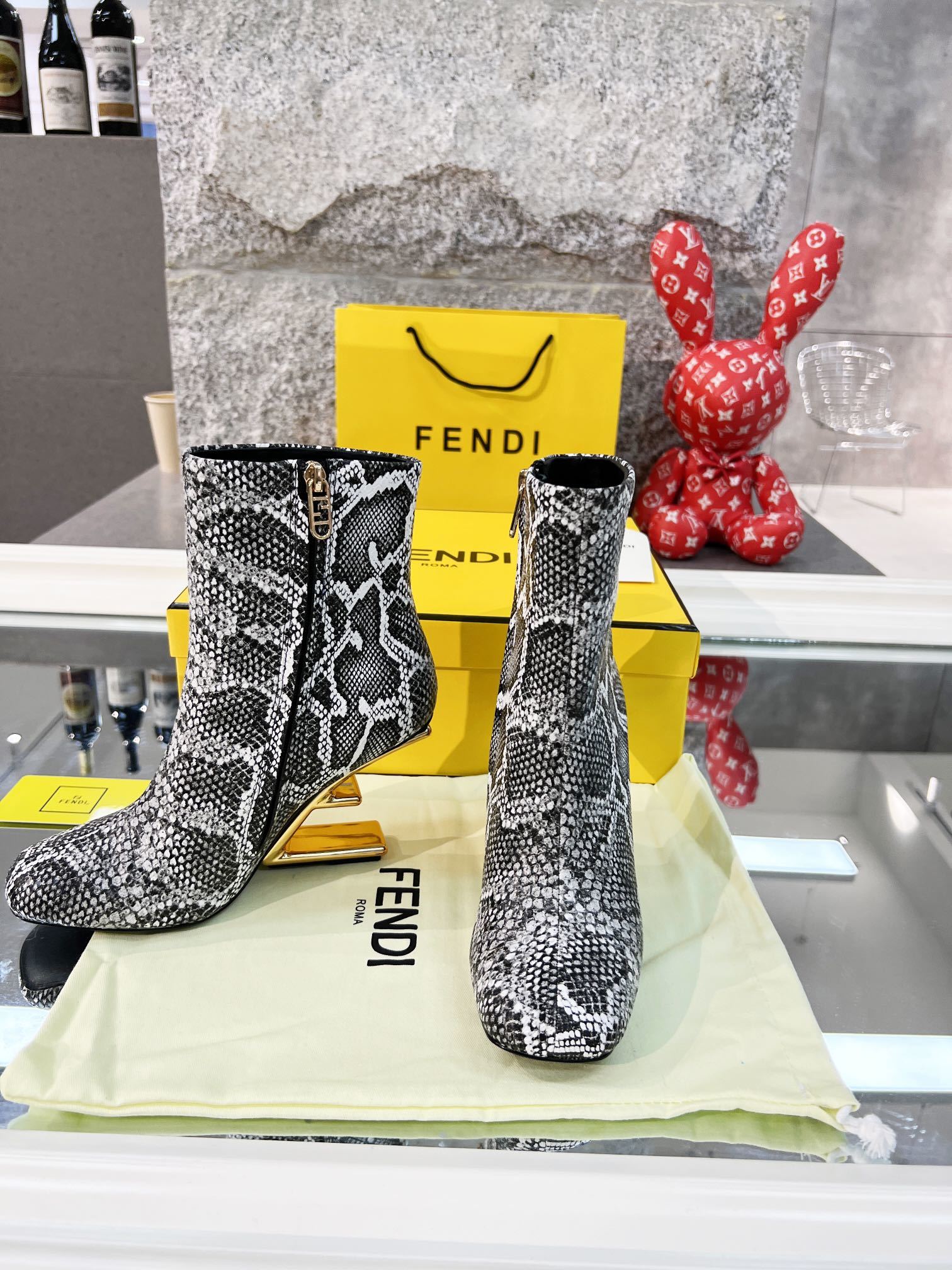 Fendi Snake-Print Gold-Tone Heel Ankle Boots