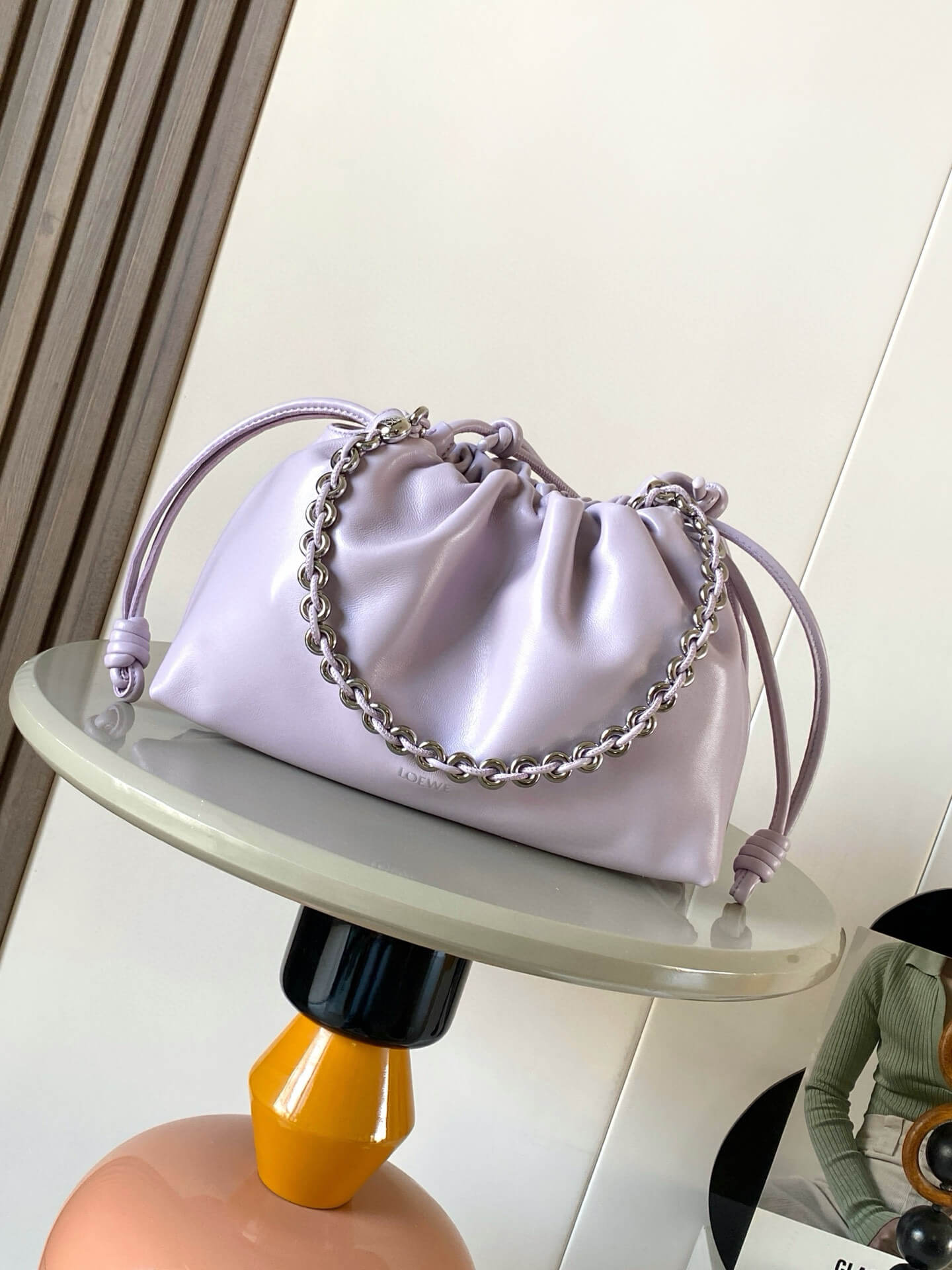 LOEWE Medium Flamenco Bag in Purple Lambskin Leather with Silver-Tone Donut Chain