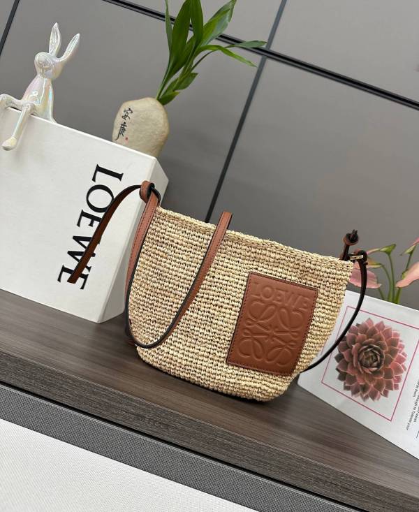 Loewe Paula's Ibiza Pochette Raffia Tote with Embossed Anagram Leather Patch