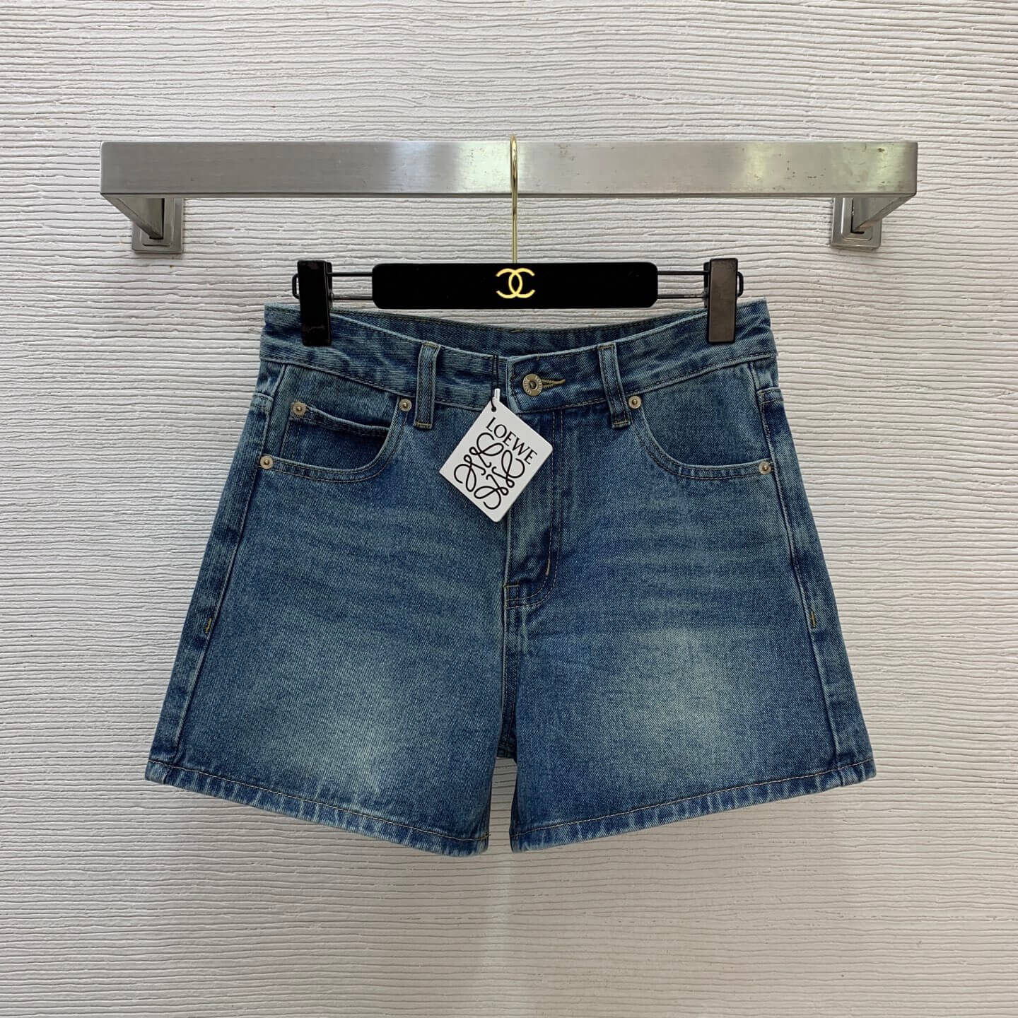 Loewe High-Waisted Mid-Wash Blue Denim Shorts